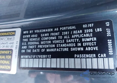 2007 Volkswagen Eos 2.0T Luxury from USA, damaged, VIN WVWFA71F17V038112